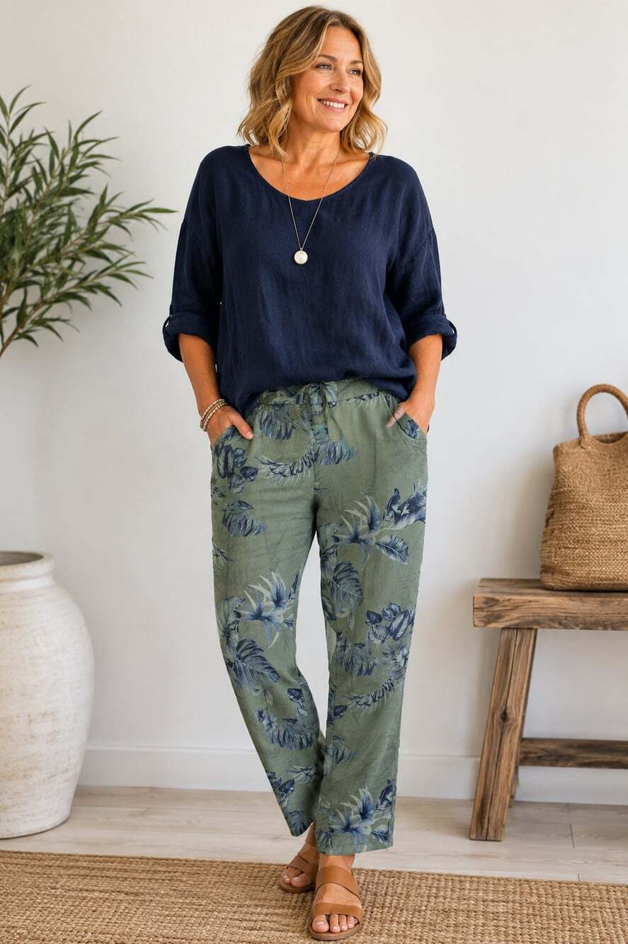 Tina Stevens Italian Floral Crinkle Jogger Pants One Size Made in Italy